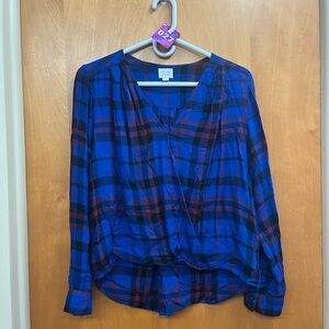 Peyton jensin Blue and Red Plaid faux wrap Blouse